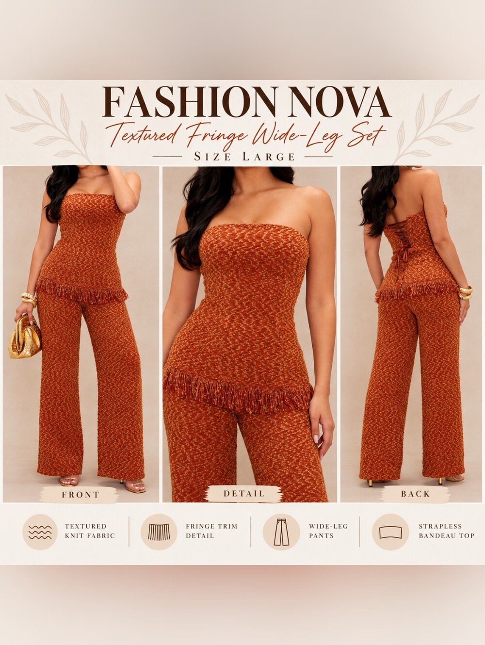 Fashion Nova Textured Fringe Wide-Leg Set - Rust